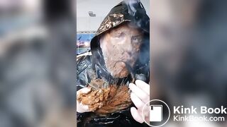 Smoking a pipe with a shit covered face