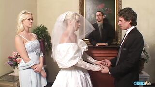 Blindfolded bride gets surprised by two hard cocks at once