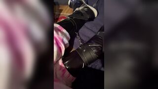 Bound plugged latex slut in Barbie sweats and pumps