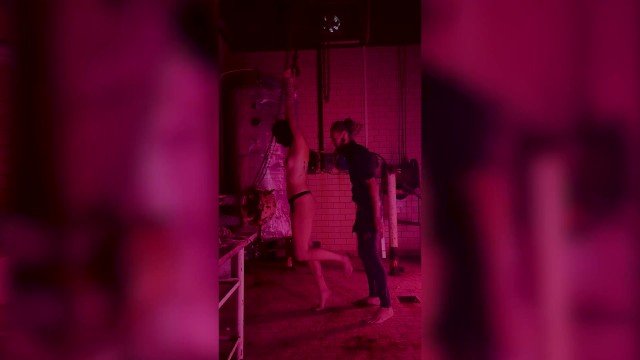 Submissive slut hard spanking hanging in slaughter house