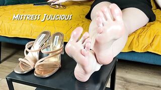 Worship sexy sweaty feet of Mistress Julicious! Femdom, face slapping, human furniture humiliation!