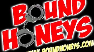 Caged, gagged bunny girl gets cuffed and strap on fucked!!