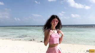 Katty pees powerfully on the beach and I give her golden shower on her face