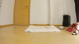Fetish CBT with red High Heels and milk enema