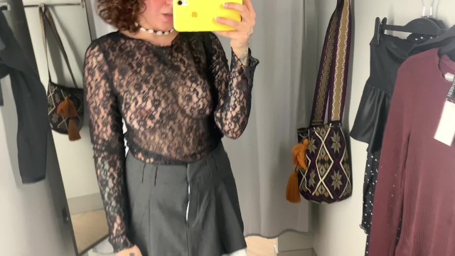 No bra, Transparent Shirt, short skirt. Try on in Public Store.