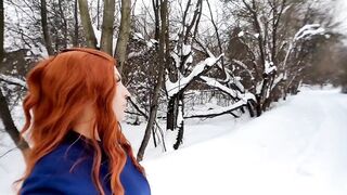 She bared her breasts in front of a passerby in a winter park and teased his cock with her juicy lip