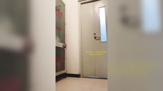Chinese ladyboy uses her legs to make stocking milk tea in the office corridor