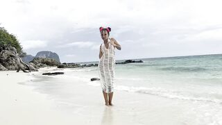 Monika Fox Swims In Sea And Fucks Pussy With A Big Dildo On A White Sand Beach
