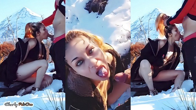 Beautiful blonde gives me a delicious blowjob in the snow and drinks hot milk