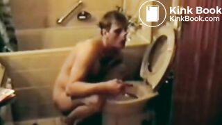 Slave eats own shit out of toilet bowl