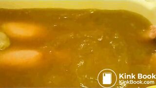 pooping in white brief in bathtub