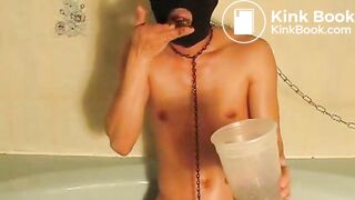 Gay Asian Pig drink his own piss enema,running shit