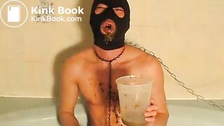 Gay Asian Pig drink his own piss enema,running shit