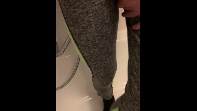 Girl pees her leggings in desperation and makes herself a big orgasm