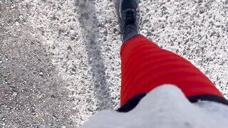 Desperate trail running girl sees how long she can hold her pee