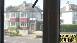 Nasty whore Liz Rainbow squirts a lot at office window