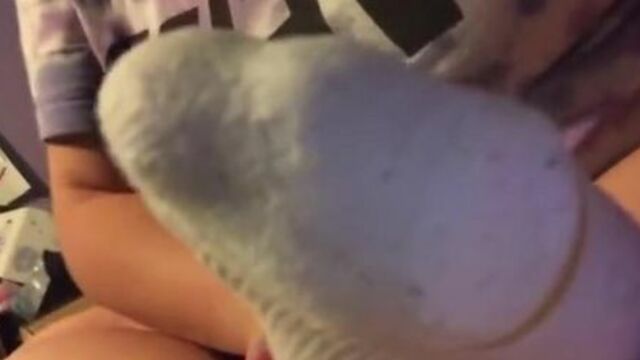 Friend worships her socked foot