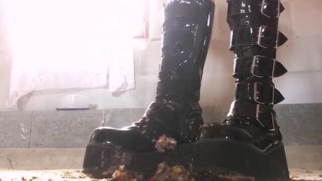 Hot Goth in Demonia Boots Crushing Food with lots of Spit