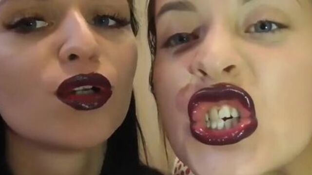 Lesbian lipstick kissing and teasing tongue/lips fetish