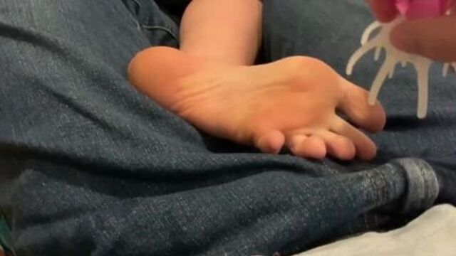 Massaging and tickling tiny size 6 teen feet