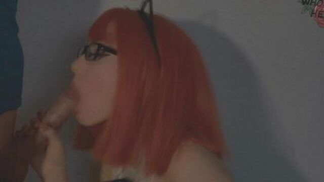 Redhead Catwoman In Glasses Sucked Cock And Gets Cum On Tongue Bdsm Fetish Blowjob