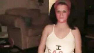 Fishnet face amateur gags and pukes on a cock