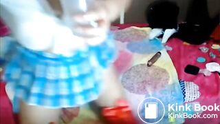 crying camwhore in schoolgirl outfit drinks puke 1