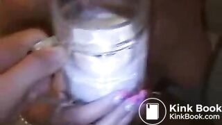 Hot brunette drinks milk and gets throat fucked