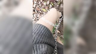 super urgly sissy with iron chain outdoor play on a small hill peeing