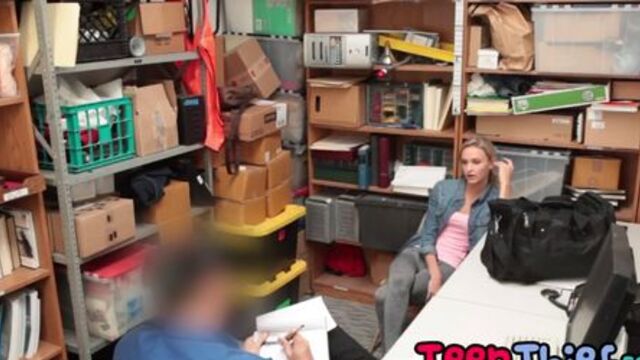 Blonde teen thief riding long boner in office