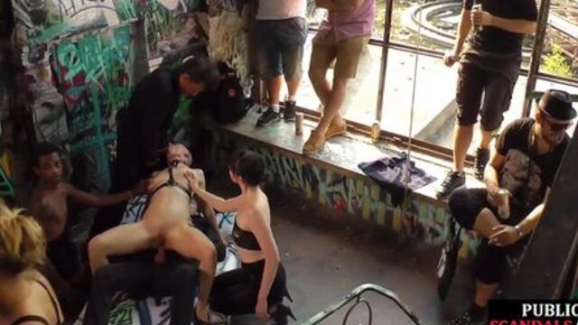 PUBLIC DISGRACE - BDSM babe 3some anallydrilled and spanked by crowd in public