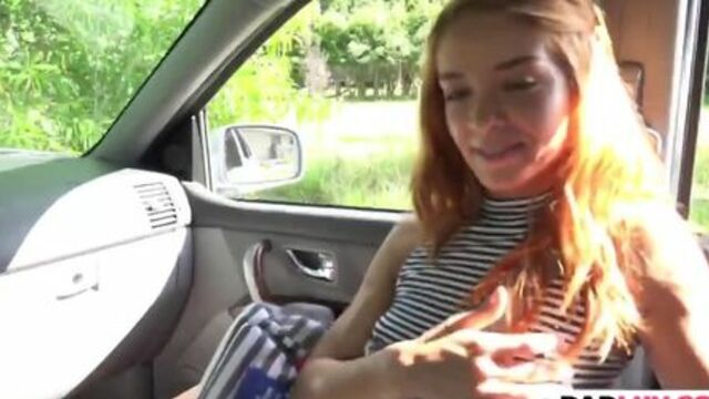 Lovely blonde teen blowing step dad's dick inside his car