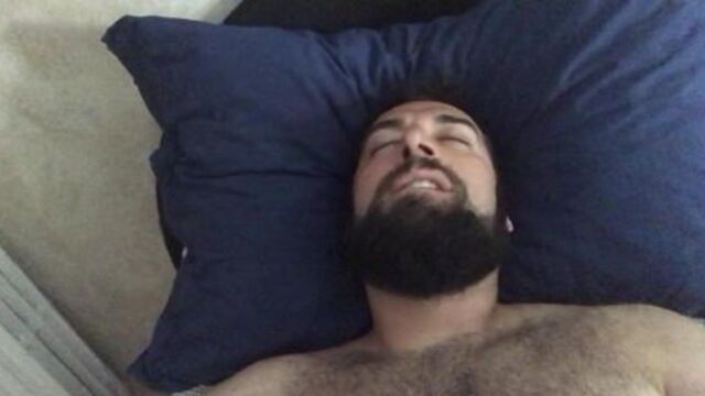 Big bearded bear with hairy chest wanking playing on cam showing his tongue. Beautiful Agony