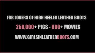 Kinky leather clad Mistresses make pathetic inmate slave lick the cream off their leather boots
