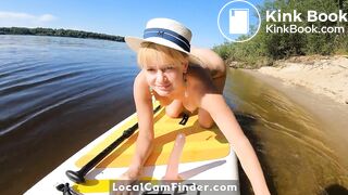 Blonde MILF Plays with Dildo and Gives Blowjob on a SUP Board