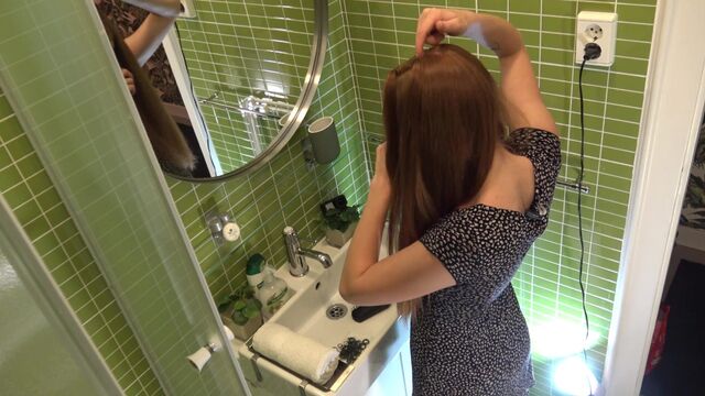 Cutest Redhead Petite Girlfriend does a Hairdo in the Bathroom No Panties No Bra in a Sexy Sundress