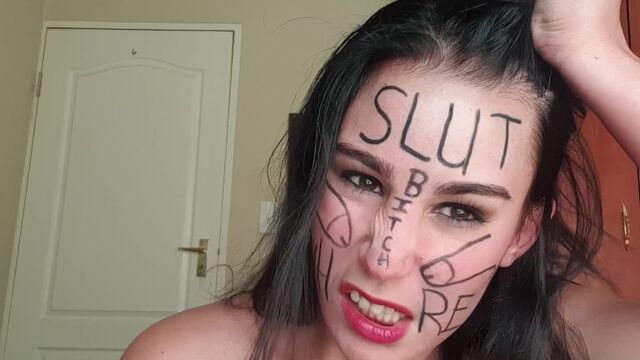 Self degrading slut gags herself and self face slapping with dirty talk