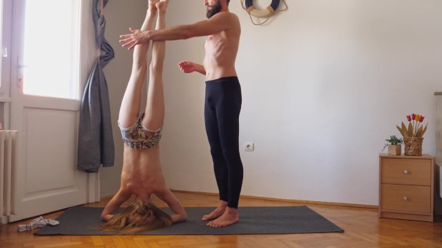 Workout yoga exercise together for the first time