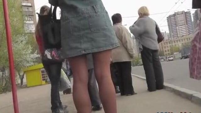 Cute upskirt angel in denim coat