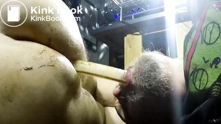 Pervert gay swallowing dirty enema with shit