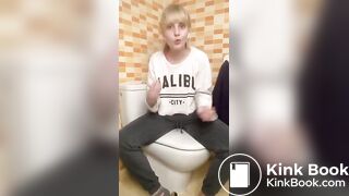 Toilet pooping girl smears shit on her body