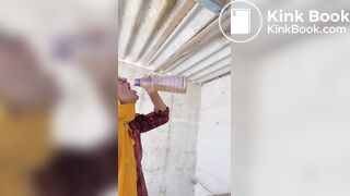 Beautiful trans Momina pee drinking outside
