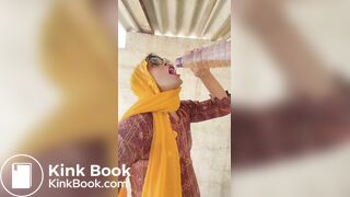 Beautiful trans Momina pee drinking outside