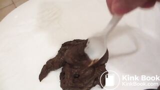 old man eating poop with a spoon