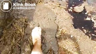 Girl Feet Sinks in Manure Sludge