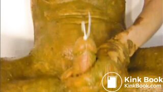 Jerking shit covered cock