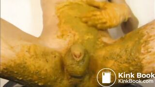 Jerking shit covered cock