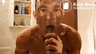 hot man smearing body with shit