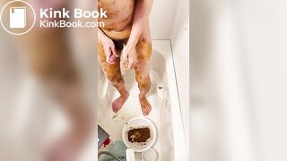 asian guy smearing shit in tub