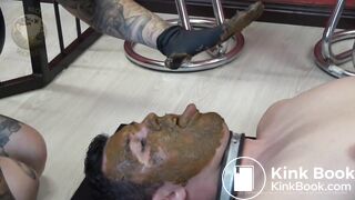 Breaking in a shit eater. Mistress tames poo pig